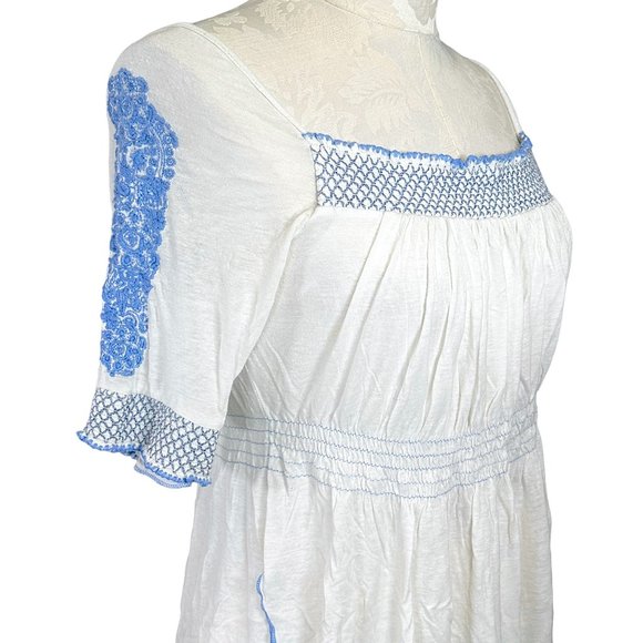 Free People Embroidered Elastic Ruched Peasant Top Blue/White Women's Medium - Picture 3 of 14